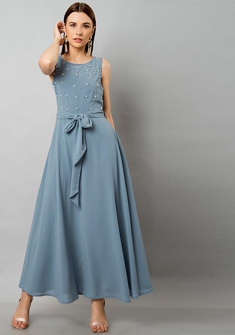 Grey Belted Pearl Embellished Maxi Dress