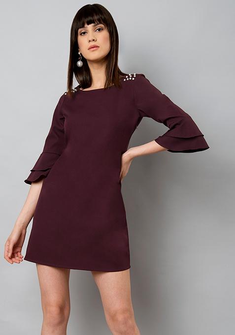 Wine Pearl Embellished Bell Sleeve Dress