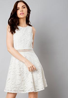 White Lace Waist Insert Skater Dress