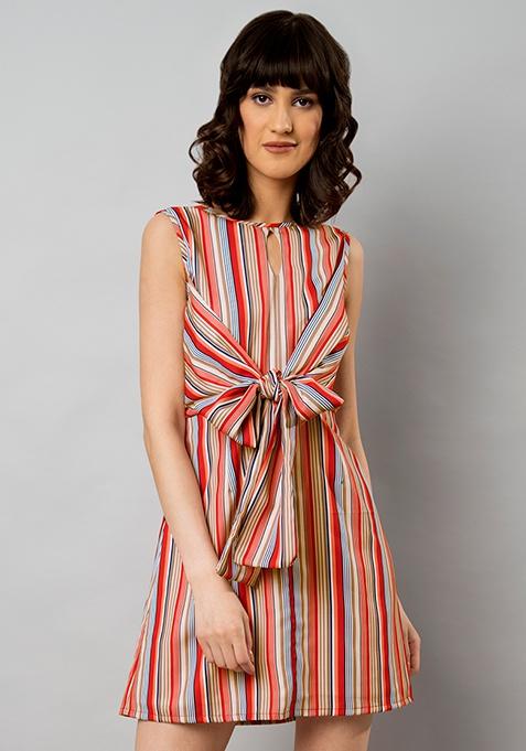 Buy Women Red Multi Stripe Tie-Up Georgette Dress - Shirt Dresses ...