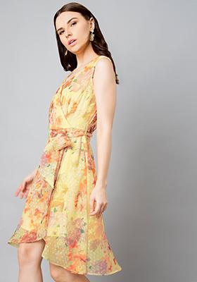 Yellow Floral Dotted High Low Dress