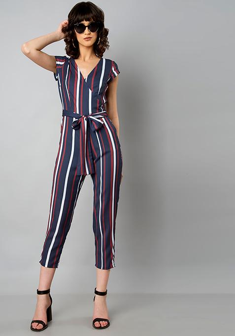 Buy Women Navy Multi Stripe Belted Wrap Jumpsuit - Trends Online India ...
