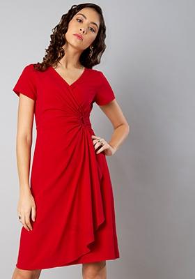 Red Knotted Wrap Midi Dress