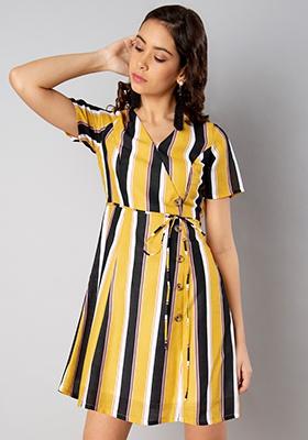 Yellow Black Striped Wrap Dress 