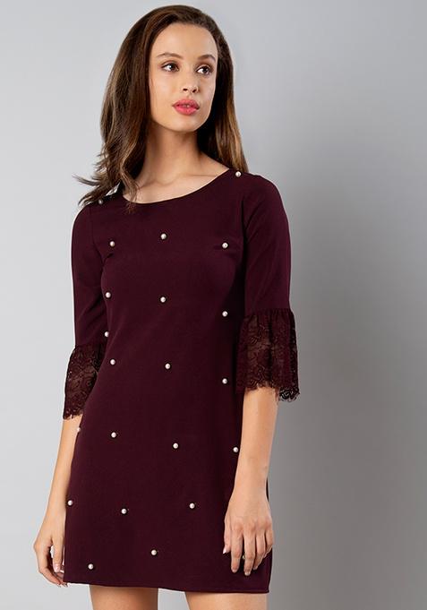 Oxblood Pearl Lace Sleeve Shift Dress