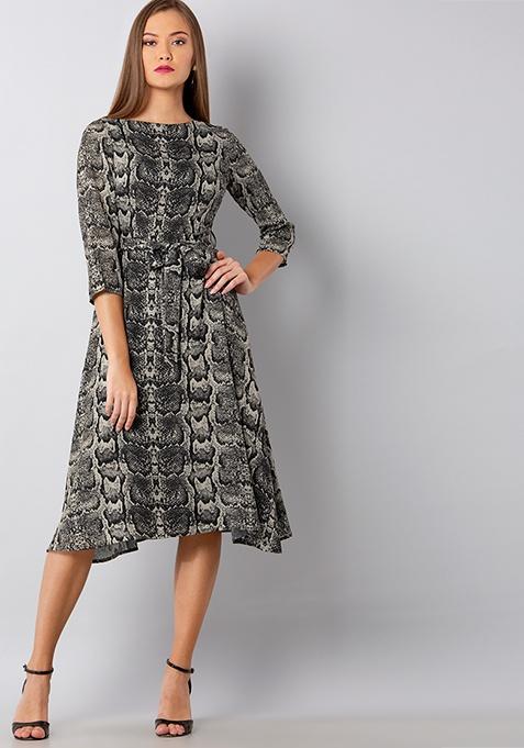 Brown Python Belted Midi Dress  