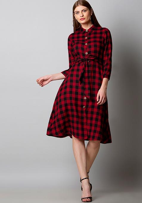 Red Tartan Belted Shirt Dress 