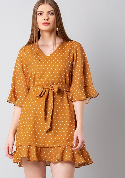 Mustard Polka Belted Shift Dress