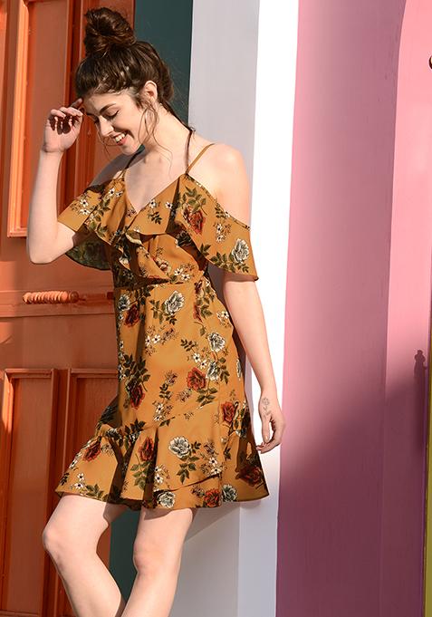 Mustard Floral Strappy Ruffled Dress