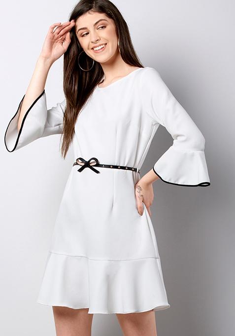 White Bow Belt Skater Dress