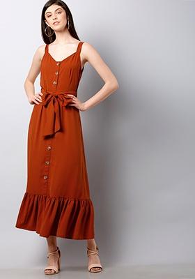 Rust Strappy Belted Ruffled Midi Dress
