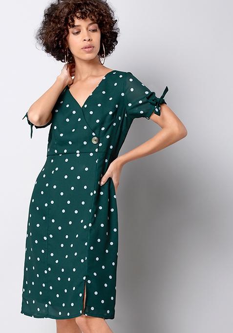 Teal Polka Wrap Midi Dress