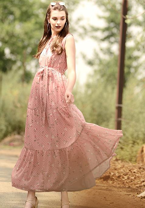 Pink Floral Tiered Maxi Dress