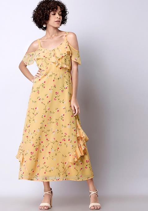 Buy Women Yellow Ditsy Strappy Midi Dress - A-Line Dresses Online India ...
