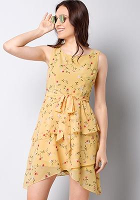 Yellow Floral Asymmetric Hem Belted Dress