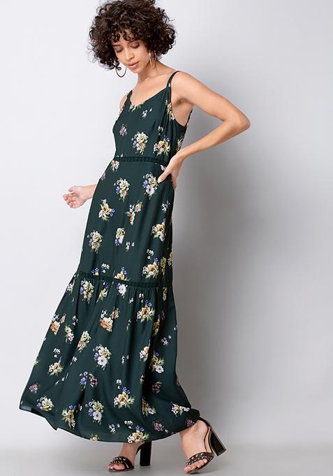 Buy Women Teal Floral Strappy Maxi Dress - Maxi Dresses Online India ...