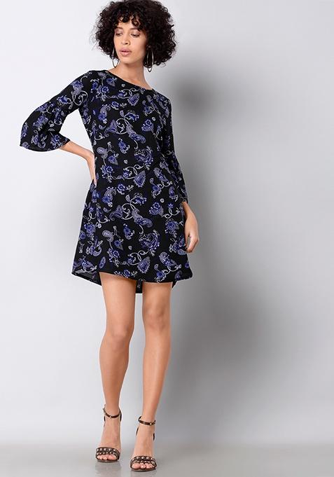 Black Paisley Bell Sleeve Shift Dress
