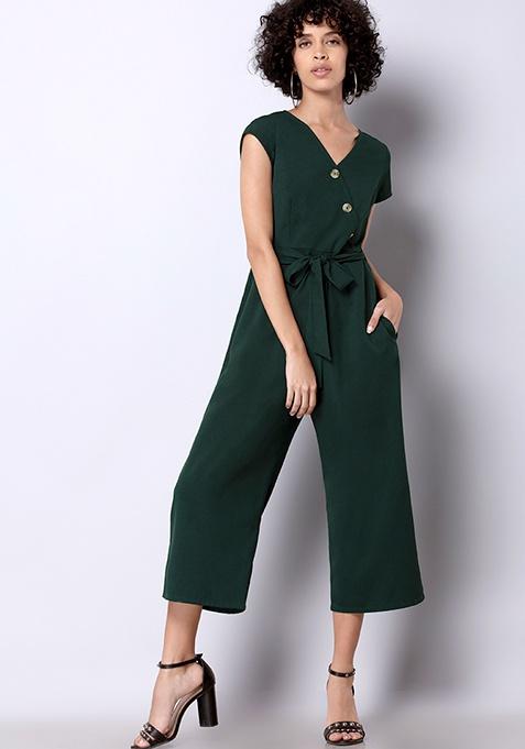 Buy Women Teal Asymmetric Buttoned Jumpsuit - Date Night Dress Online ...