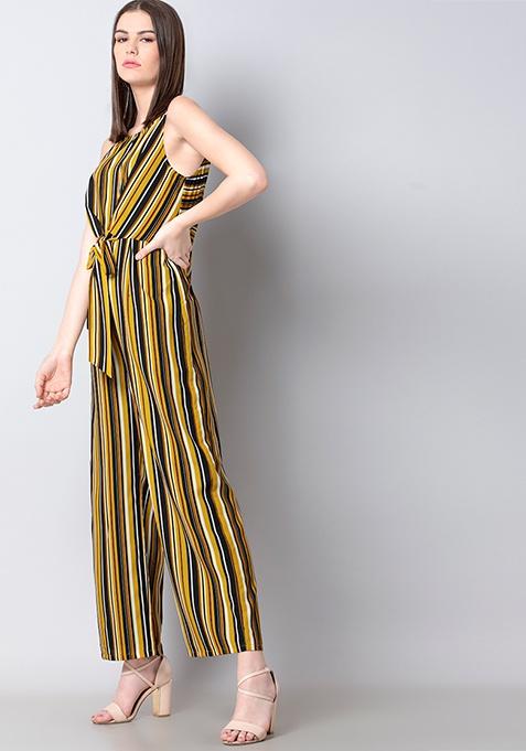 Mustard Stripe Knotted Strappy Jumpsuit