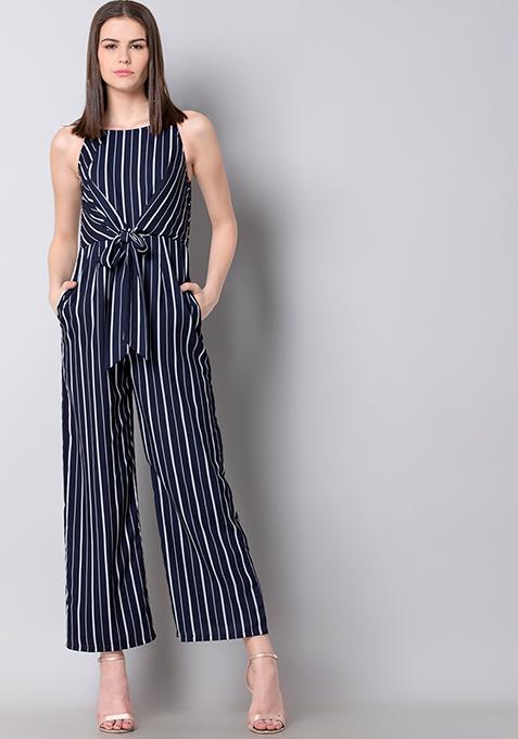 Buy Women Navy Striped Knotted Strappy Jumpsuit - Trends Online India ...