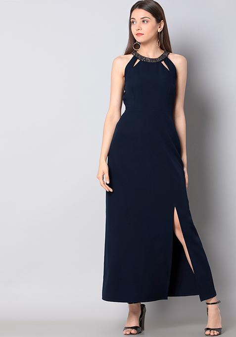 Navy Embellished Neck Eyelet Maxi Dress