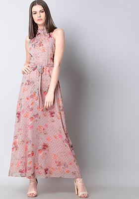 Pink Floral Halter Belted Maxi Dress
