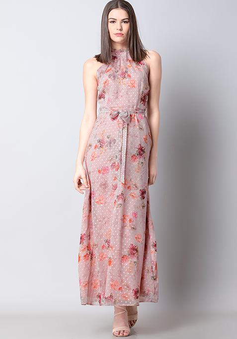 Buy Women Pink Floral Halter Belted Maxi Dress - Beach Wear Online ...