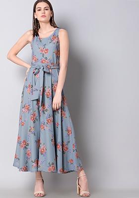 Light Blue Belted Floral Maxi Dress