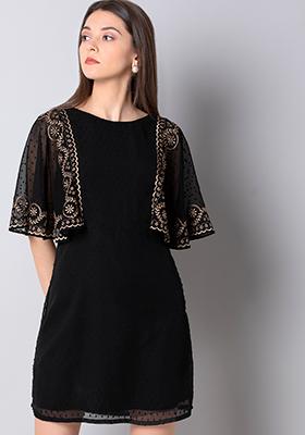 Black Gold Embroidered Cape Dress