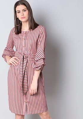 Pink Stripe Belted Shirt Dress