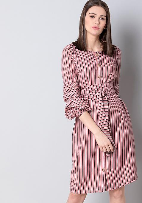 Buy Women Pink Stripe Belted Shirt Dress - Date Night Dress Online ...