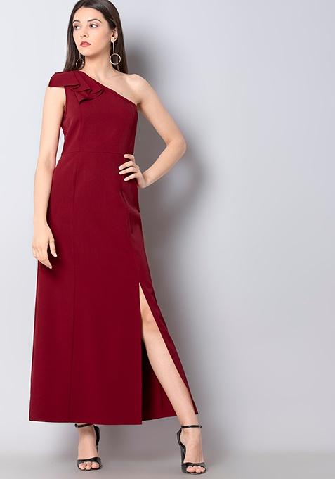 Maroon One Shoulder Maxi Dress