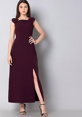 Wine Bow Off-Shoulder Maxi Dress