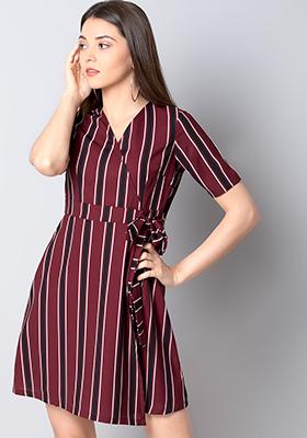 Maroon Stripe Belted Shirt Dress