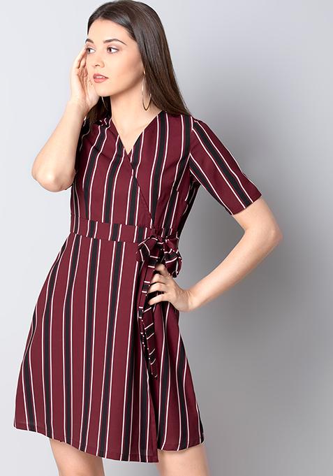 Maroon Stripe Belted Shirt Dress