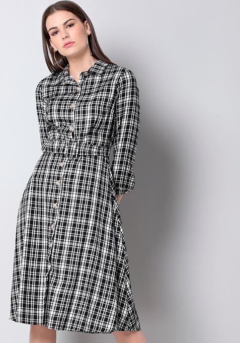 Black Tartan Midi Shirt Dress