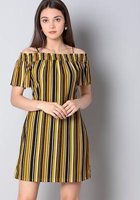 Yellow Striped Strappy Off Shoulder Dress