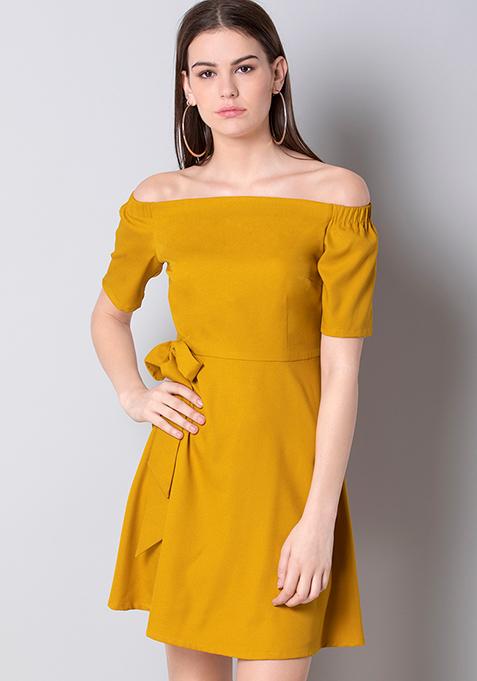 Buy Women Mustard Off Shoulder Side Tie Dress - Date Night Dress Online ...