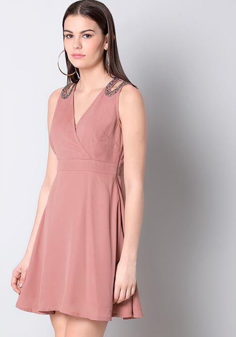 Pink Embellished Straps Wrap Dress