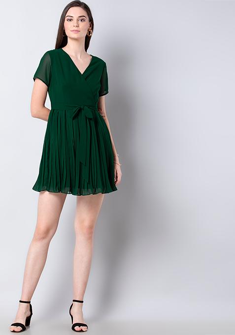 Buy Women Bottle Green Belted Pleat Midi Dress - Honeymoon Dress Online India - FabAlley