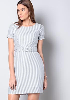 Blue White Striped Fit And Flare Dress 