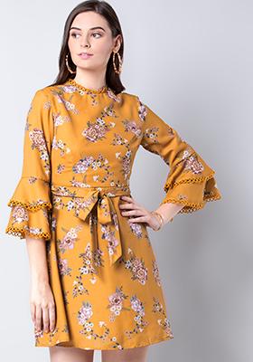 Mustard Floral Tiered Bell Sleeve Dress