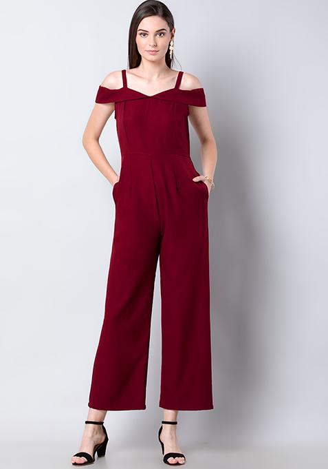 Buy Women Maroon Strappy Cold Shoulder Jumpsuit - Date Night Dress ...