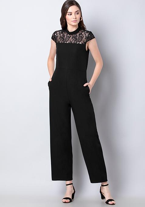 Buy Women Black High Neck Lace Belted Jumpsuit - Trends Online India ...