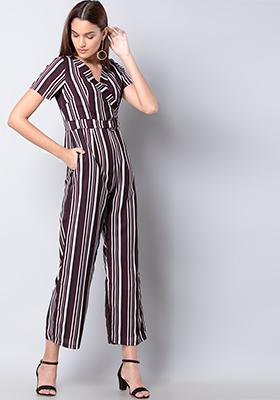 Wine White Striped Belted Jumpsuit