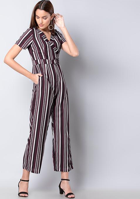 Wine White Striped Belted Jumpsuit