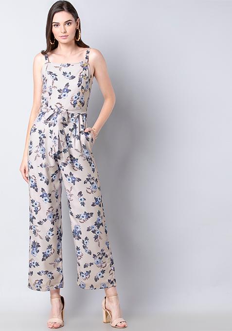 Ivory Blue Floral Belted Jumpsuit