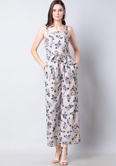 Buy Women Ivory Blue Floral Belted Jumpsuit - Date Night Dress Online ...