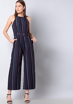 Navy Maroon Striped Belted Jumpsuit