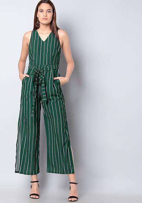 Dark Green Striped Belted Jumpsuit